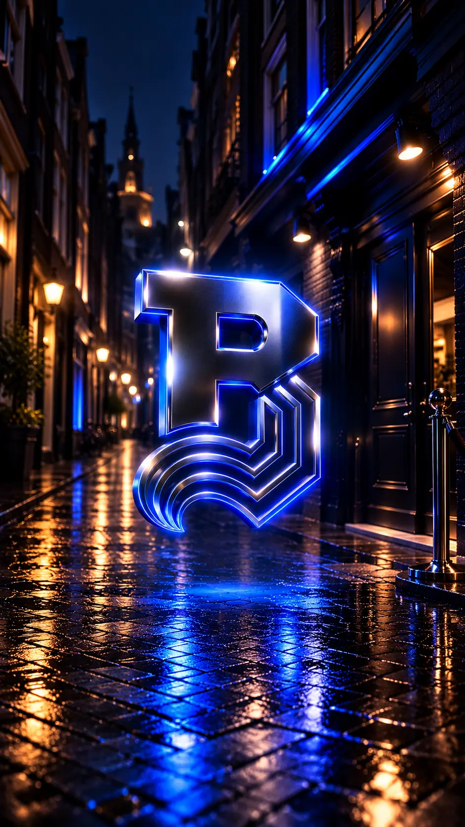 The Club Boozy logo glowing in a rainy Amsterdam alley