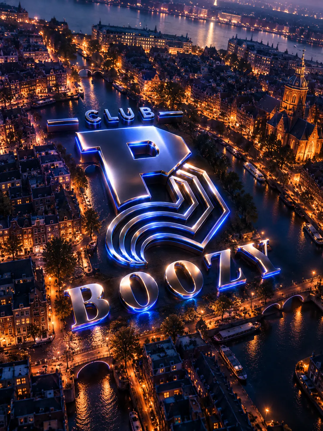 Club Boozy logo glowing above Amsterdam's canals at night